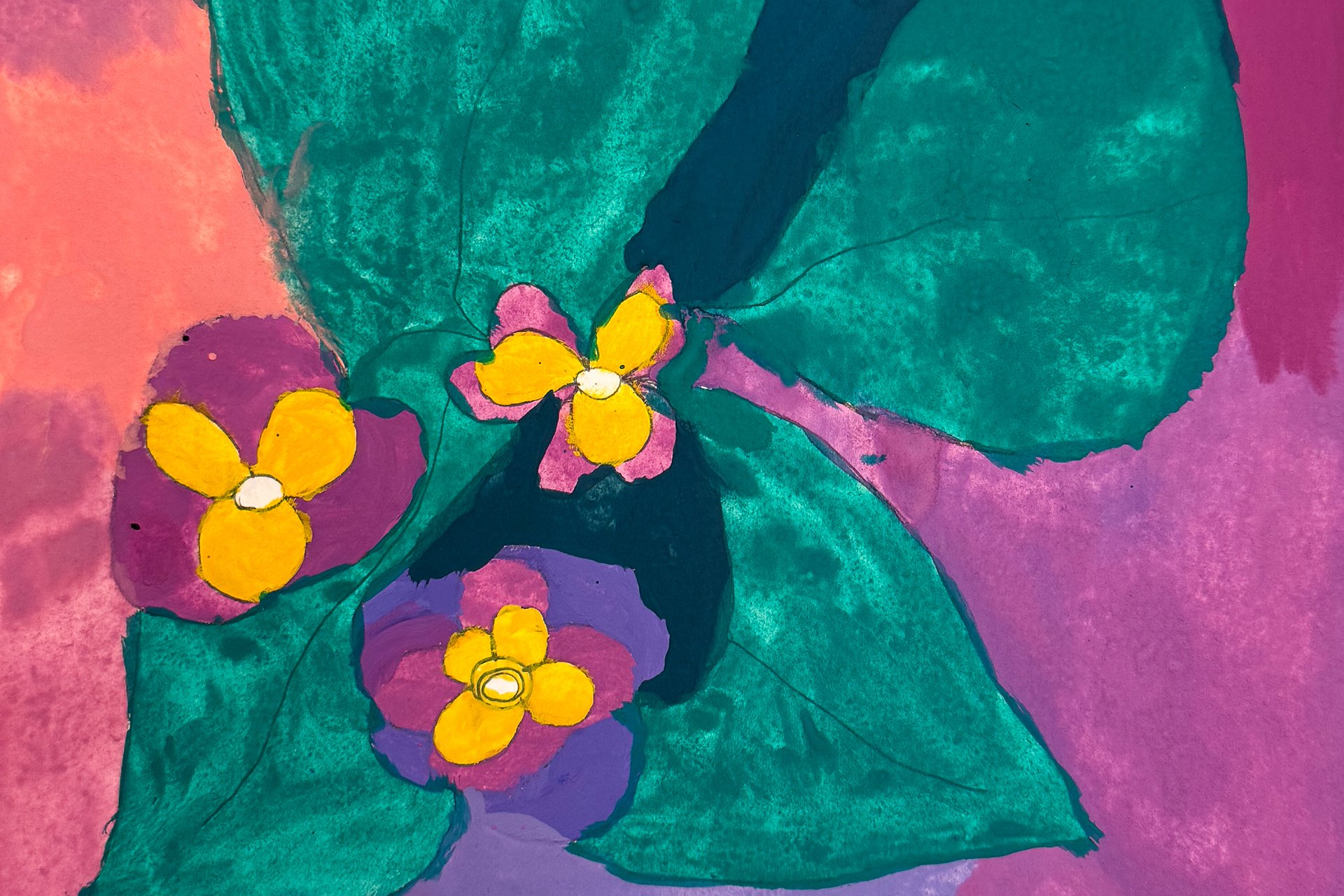 Cropped image of artwork depicting purple flowers on dark green leaves