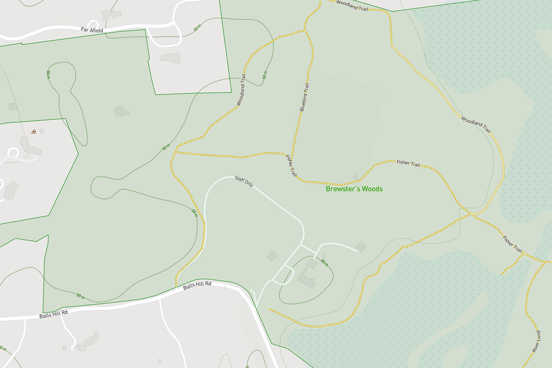 A screenshot of Brewster's Woods' digital trail map