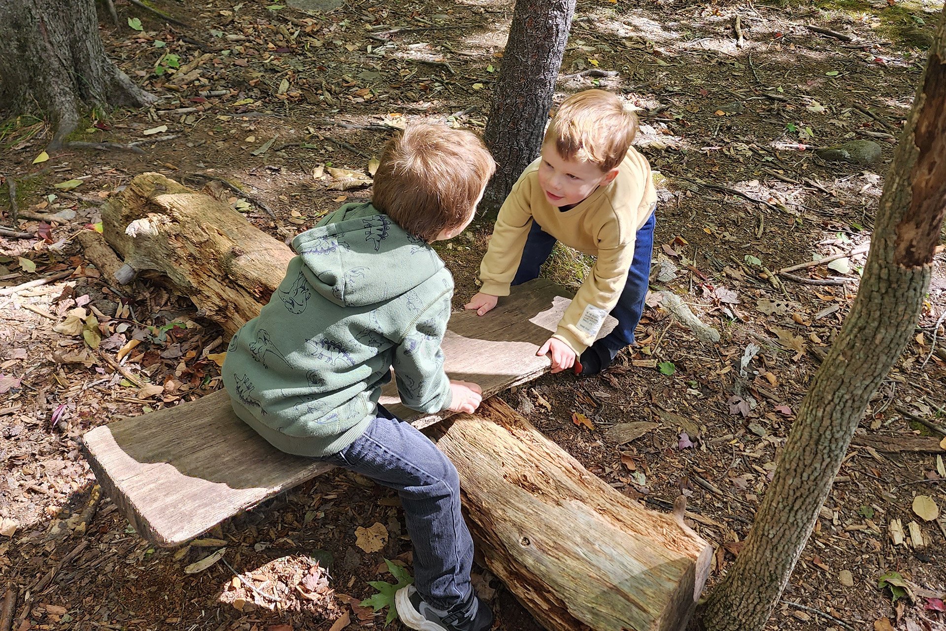 two preschoolers on a seesaw made out of a plank and a log