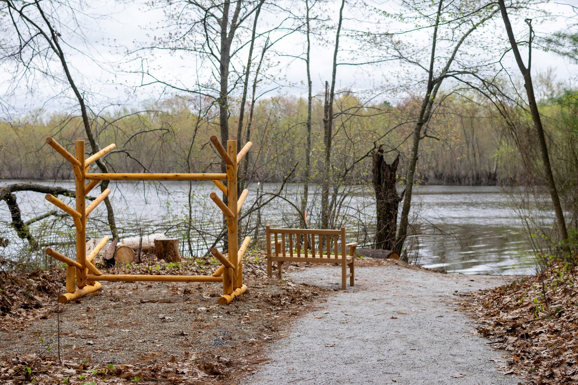 Kayak and canoe ramp with bench at Brewster's Woods