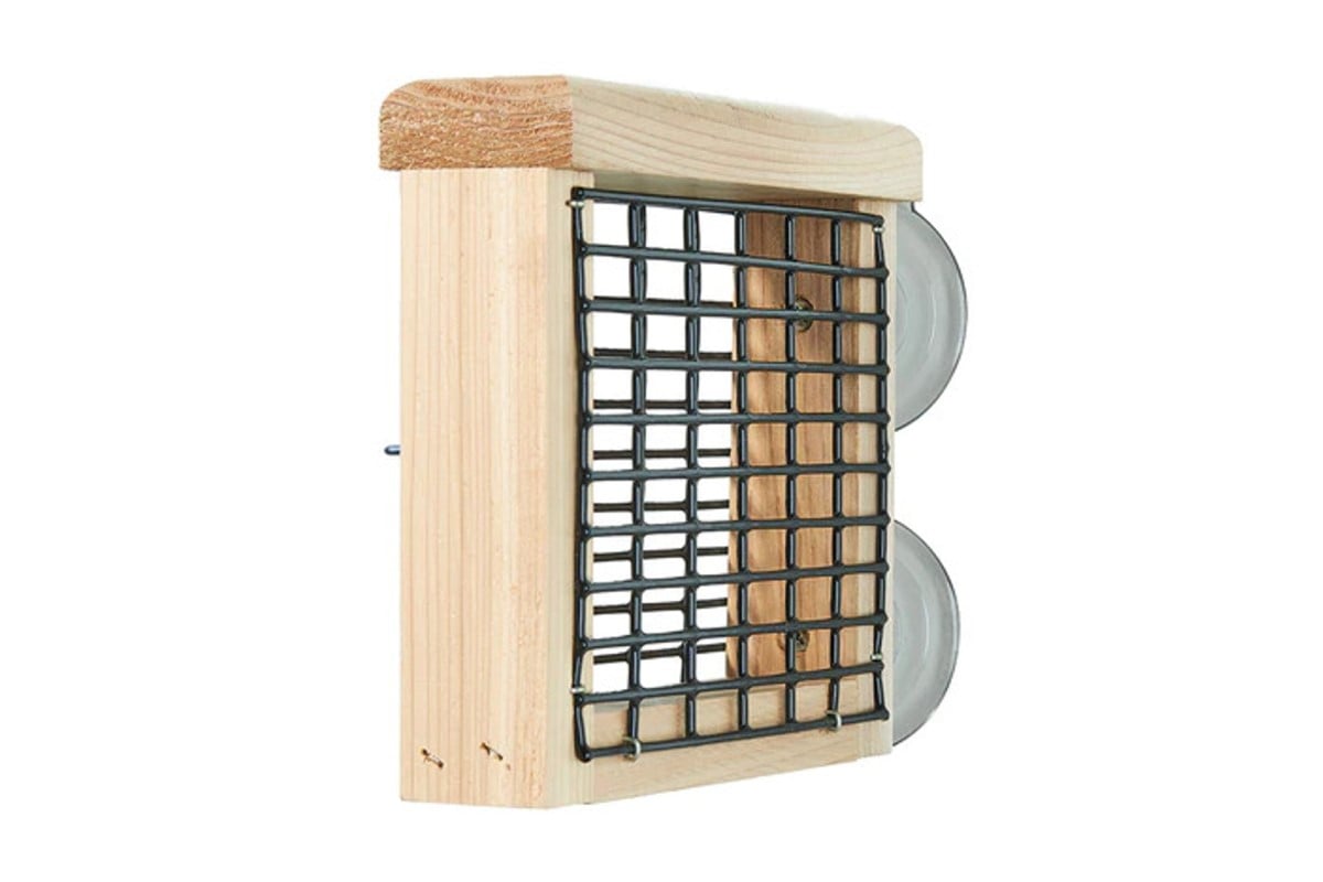 wooden suet feeder with cage and suction cups