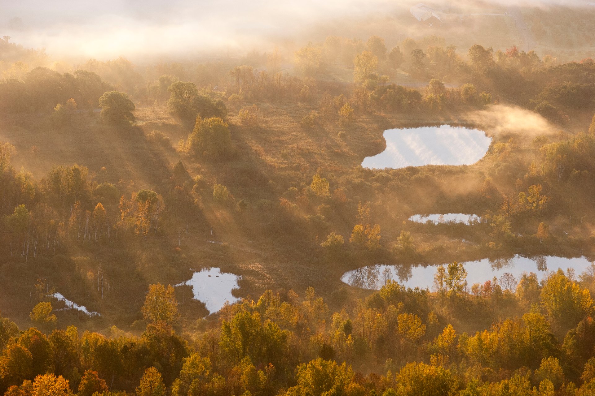 Sun beams on fall landscape from above