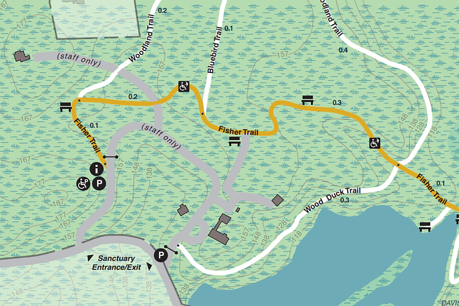 A close up thumbnail of a trail map of Brewster's Woods
