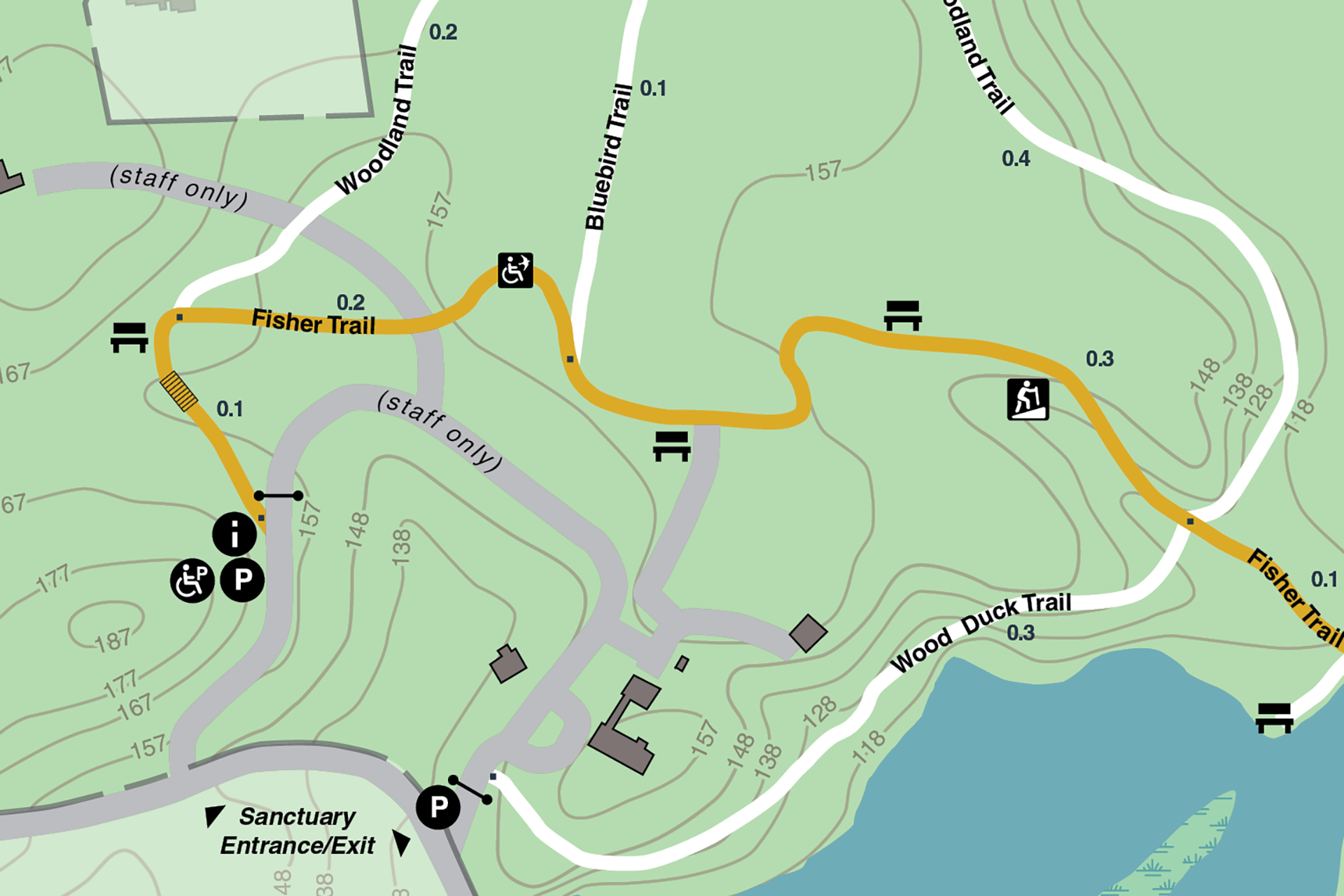 A close up thumbnail of a trail map of Brewster's Woods