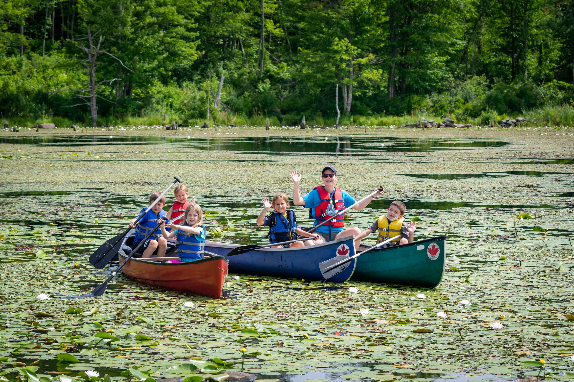 Campers and counselor canoeing on a pond covered with lilypads