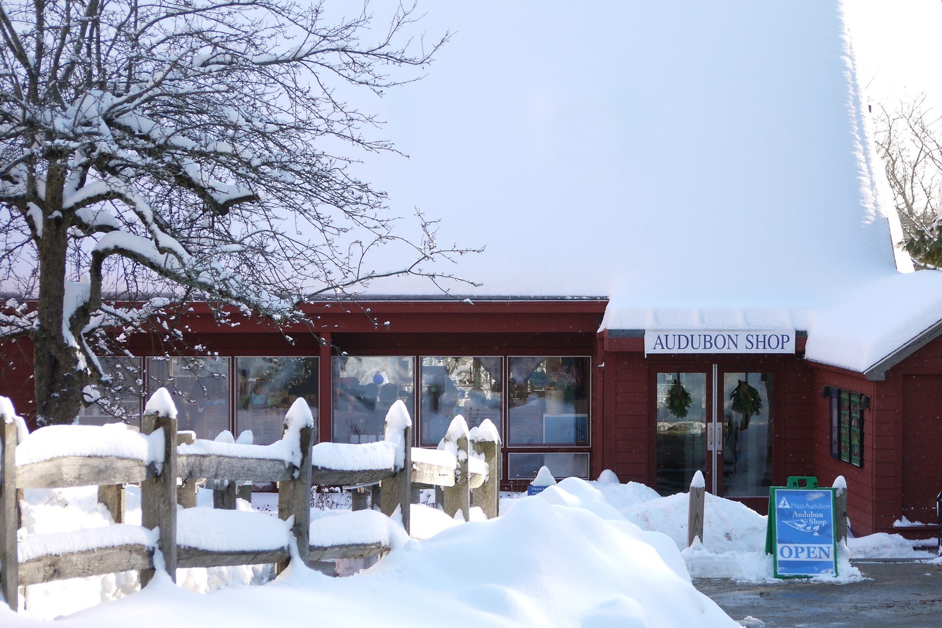 Mass Audubon shop storefront in snow