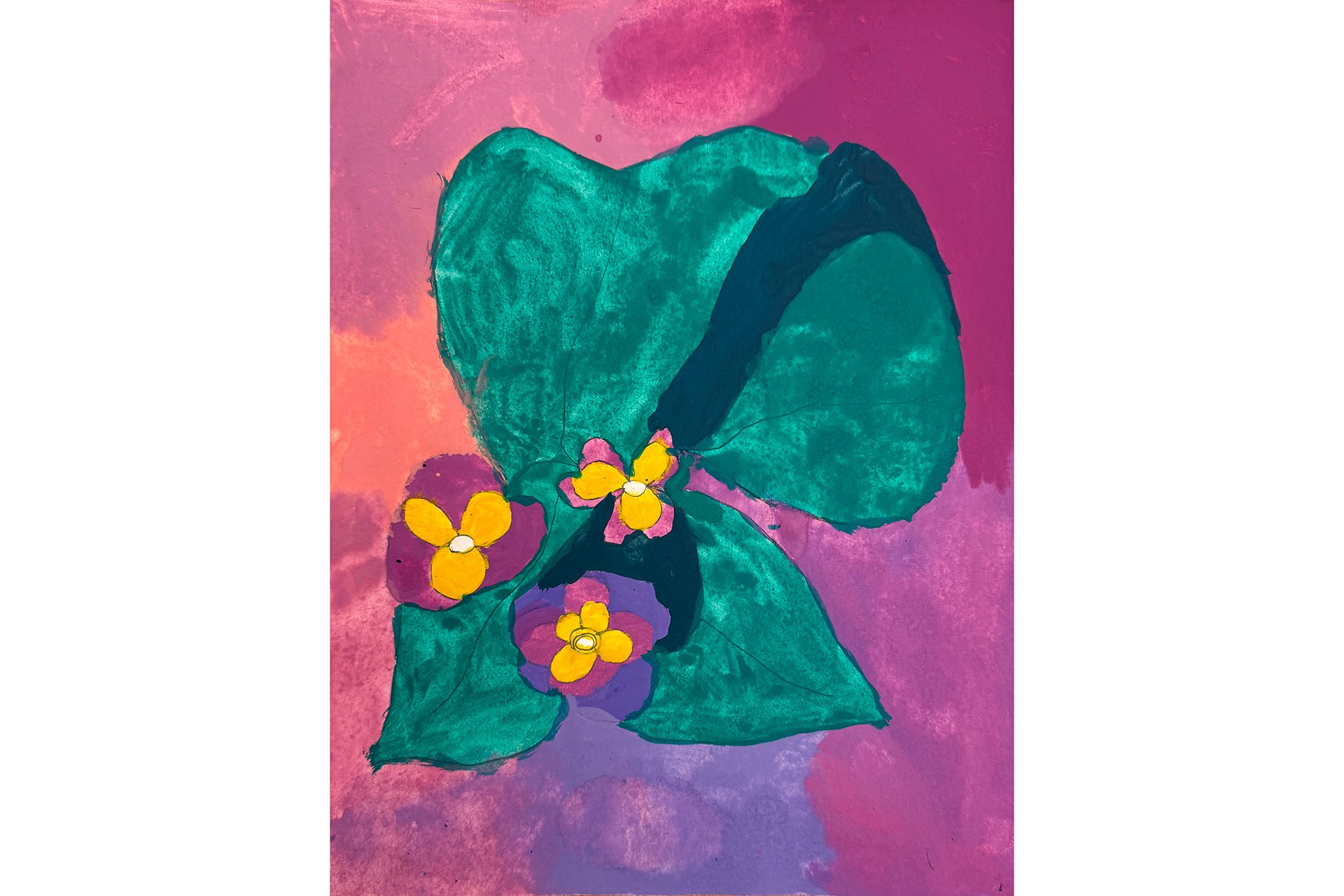 Image of artwork depicting purple flowers on dark green leaves