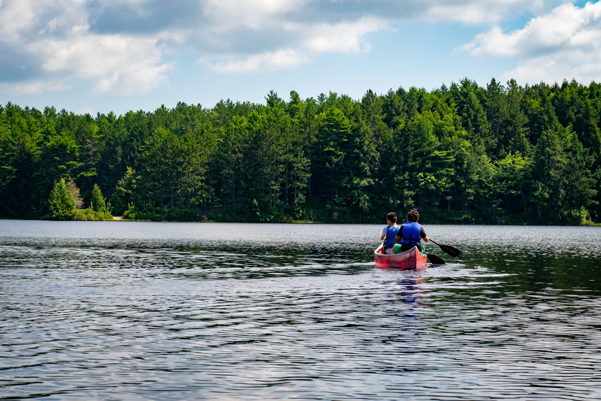 Two people paddling a canoe on a lake with forest beyond.