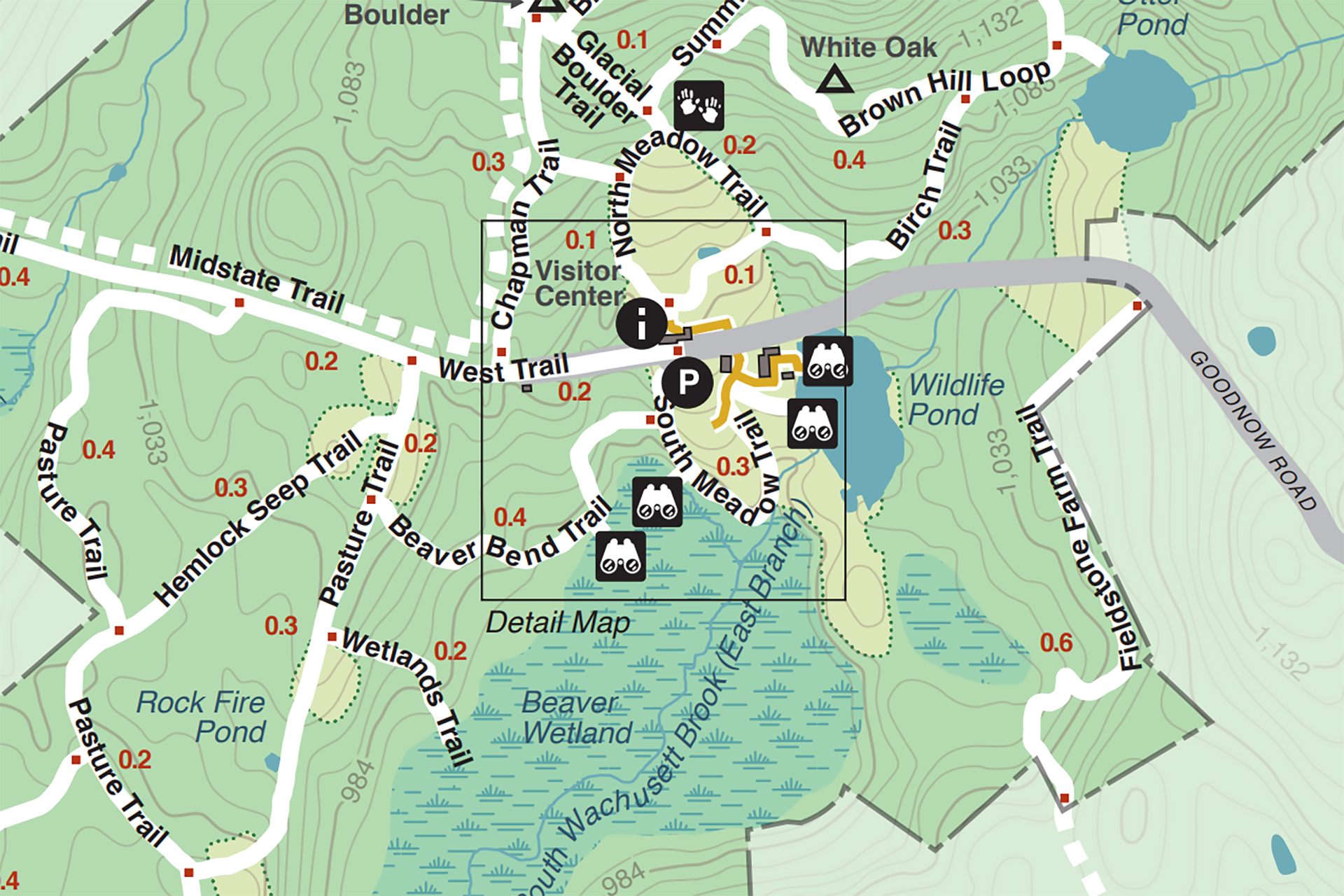 A close up thumbnail of a trail map of Wachusett Meadow