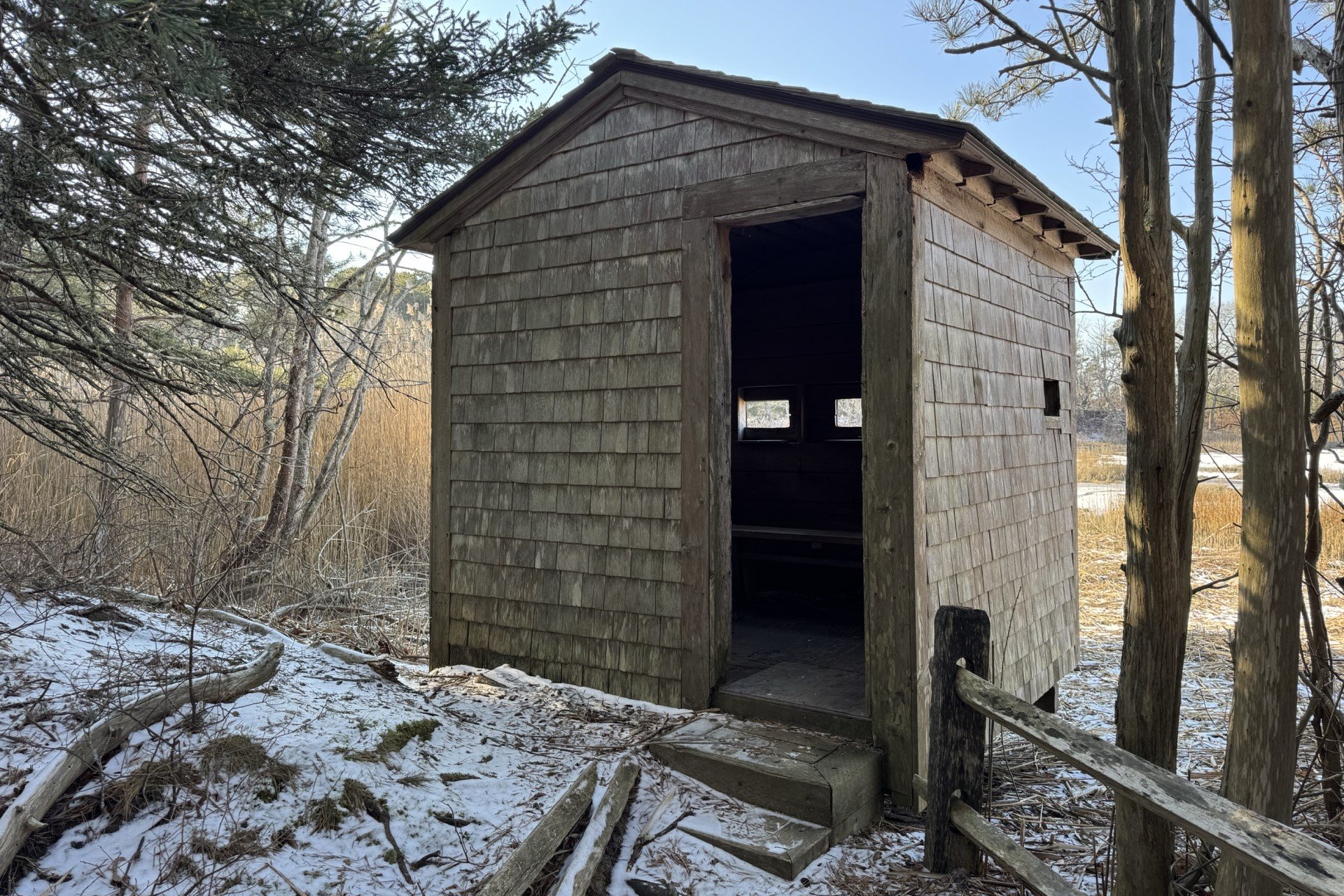 Outdoor building blind in winter