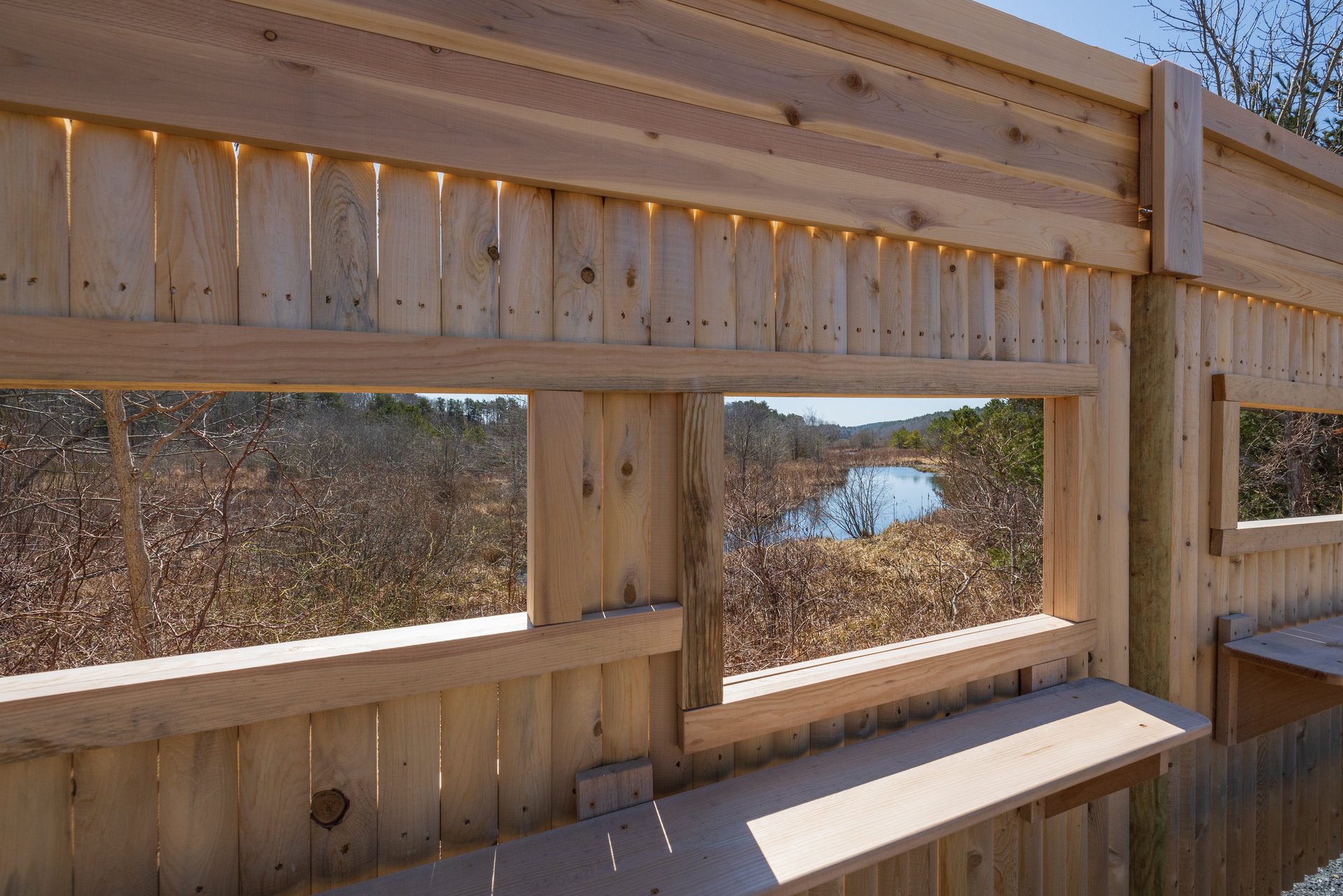 Interior view of wildlife blind at Tidmarsh